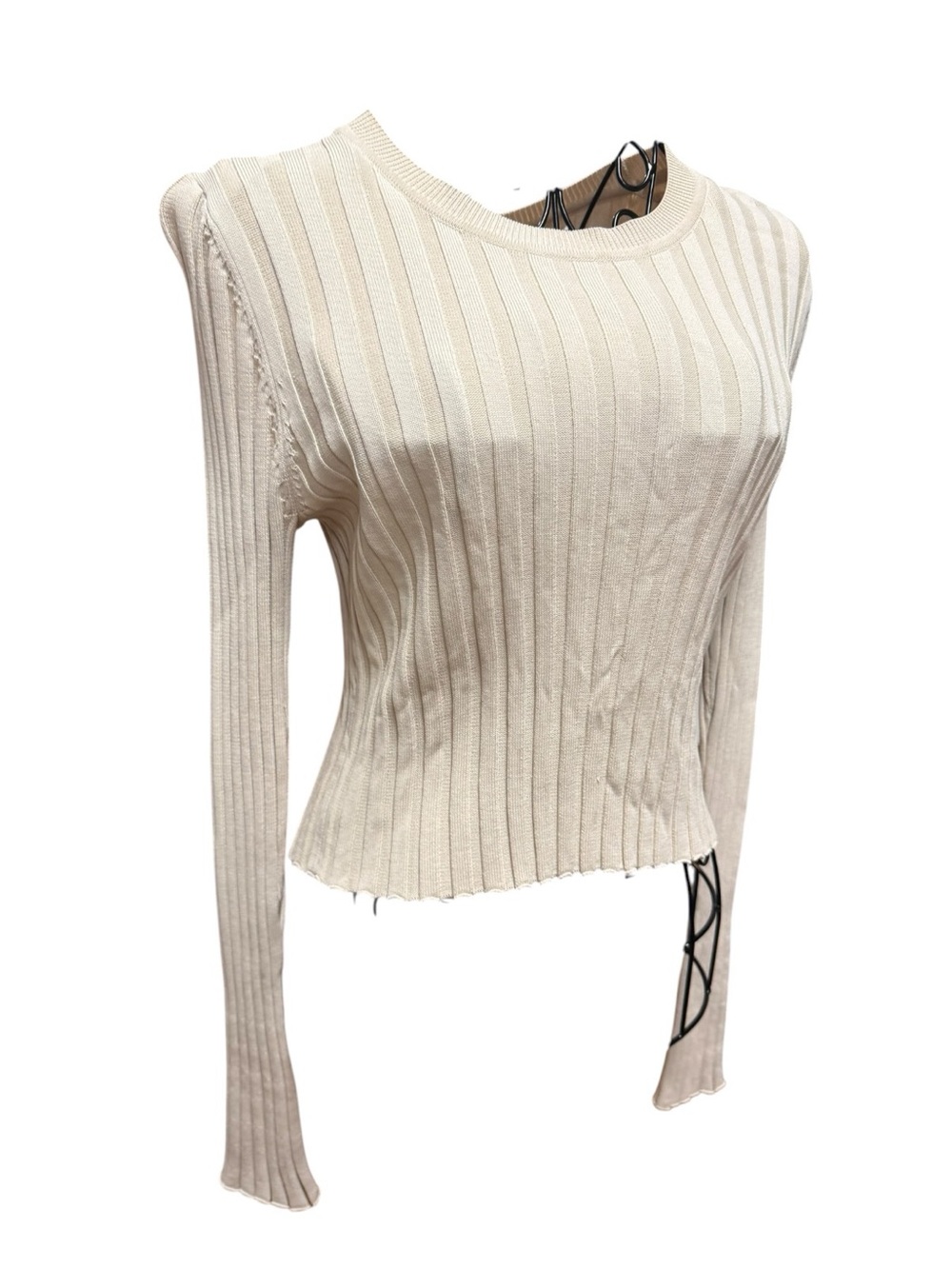 NWOT House of Harlow 1960 Cream Ribbed Long Sleeve Crewneck Cropped Sweater Med